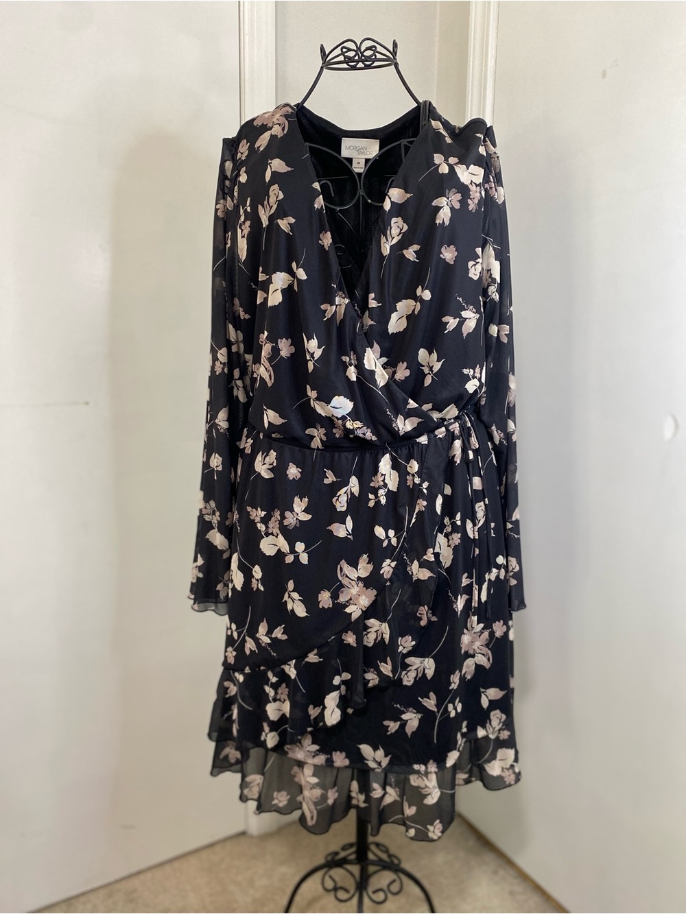 Morgan Taylor Women’s Dress 2X Mesh Faux Wrap V Neck Long Sleeve Knee Length